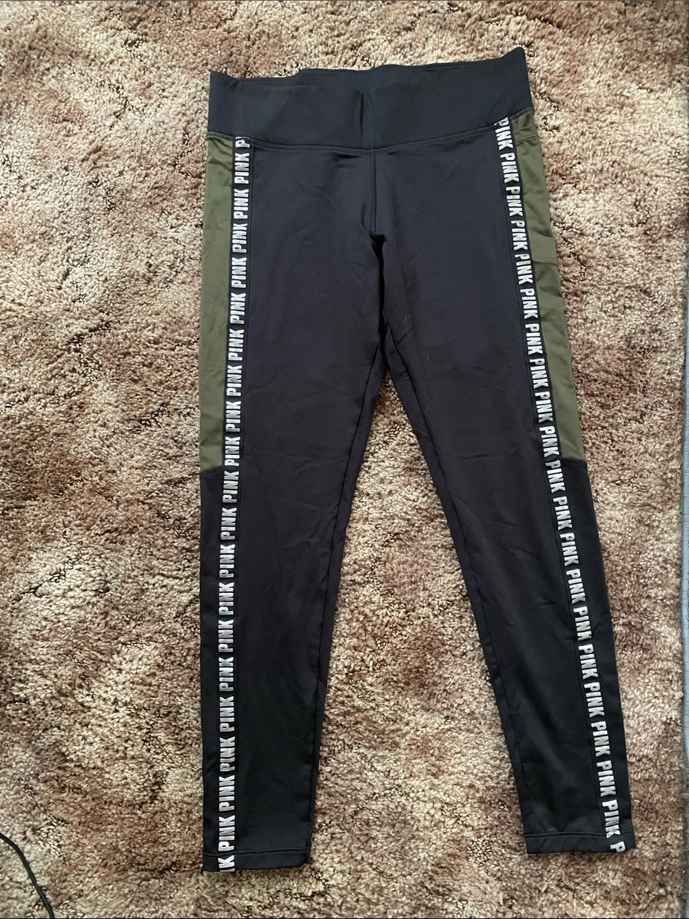 PINK Victoria's Secret Black Leggings with Olive Side Panels and Branded Tape